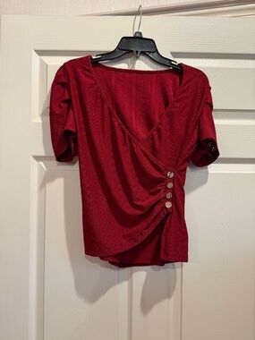 Women’s Red Faux-Wrap Button Accent Blouse